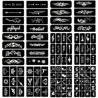 DIY Tattoo Stencils Set 12 Sheets Hollow Design Templates | Reusable Body Art Kit for Arm Ankle Ear Wrist | Waterproof Compatible with Juice