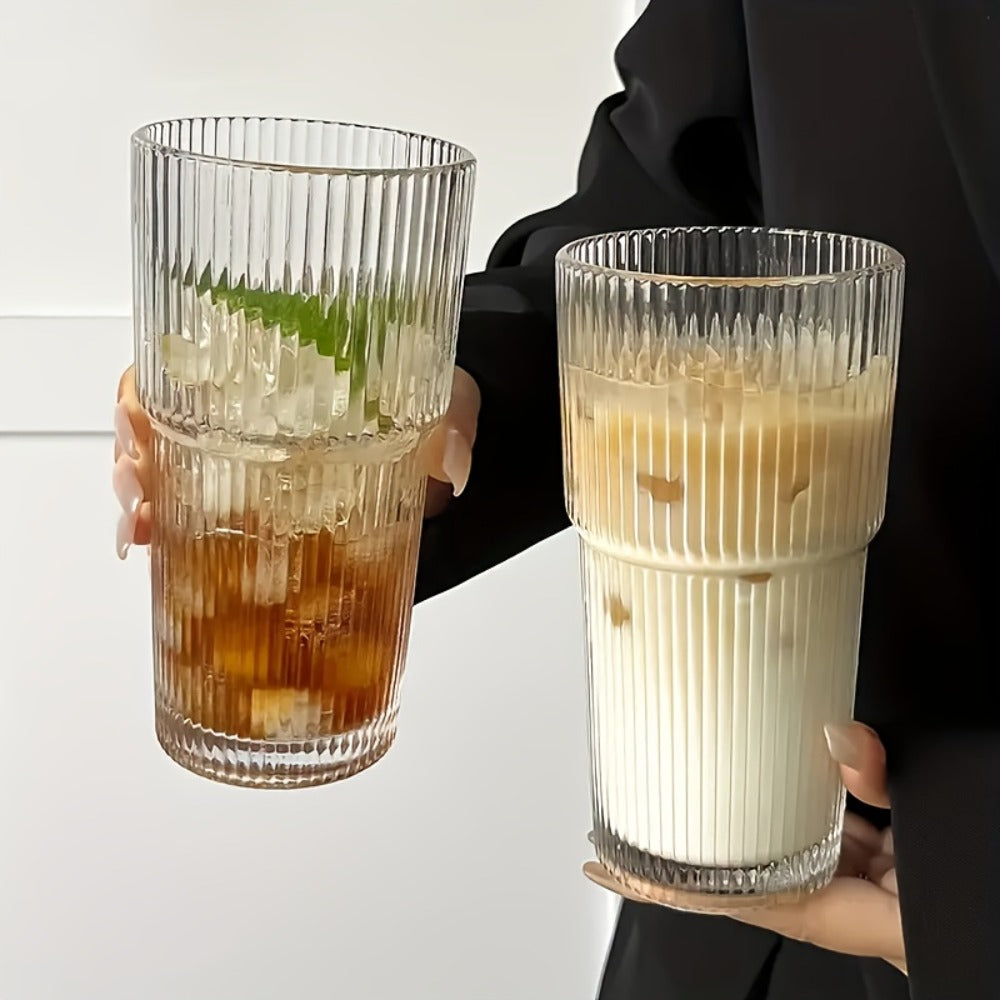 Striped Drinking Glasses with Lids and Glass Straws, 19-Ounce Tumblers in Two- or Four-Piece Sets