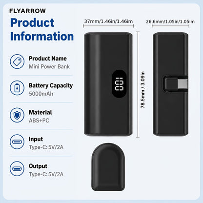 Power Bank 5000mAh Mini with Foldable USB-C Plug, 10W Listed Charging and Digital Display Pack