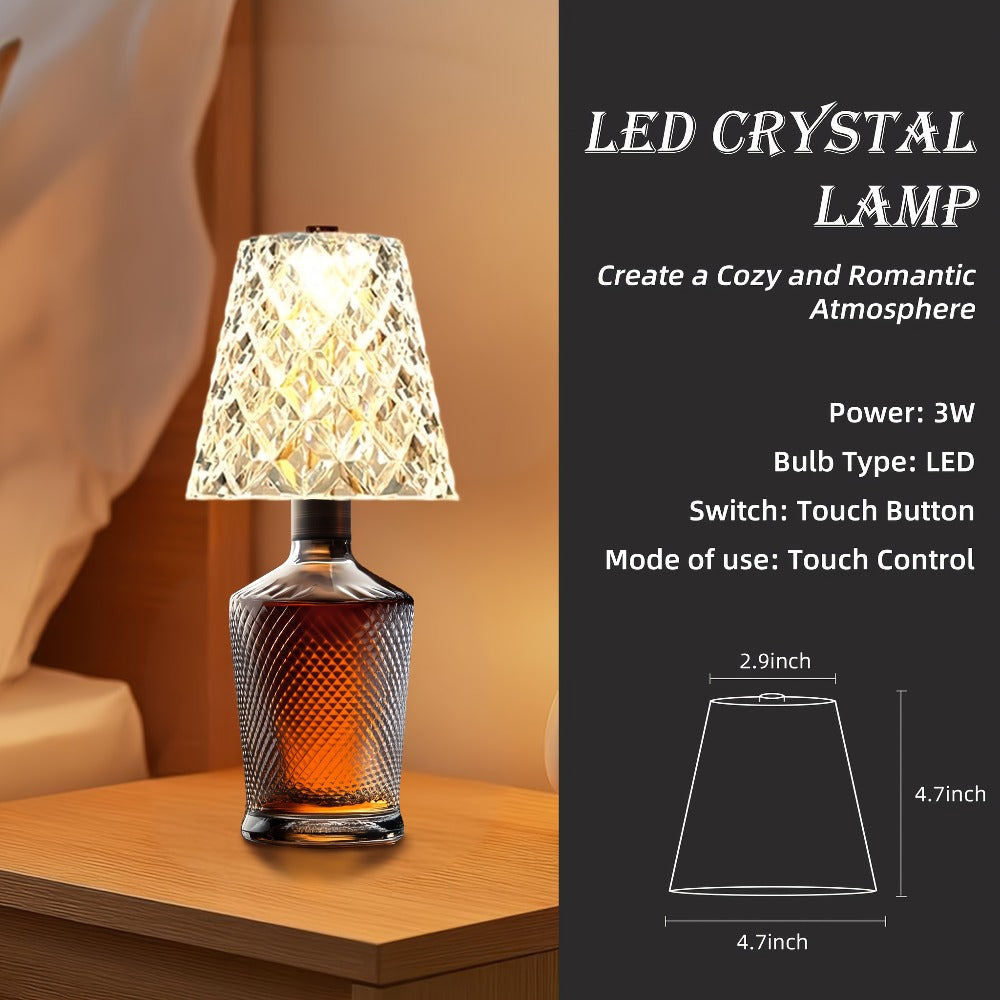 Table Lamp for Wine Bottles with Acrylic Crystal Shade, 2000mAh Battery, Three Colors and One or Two-Pack Options