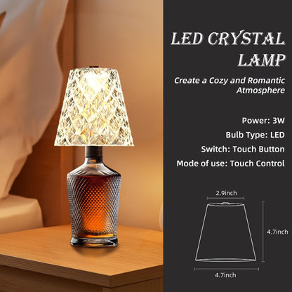 Table Lamp for Wine Bottles with Acrylic Crystal Shade, 2000mAh Battery, Three Colors and One or Two-Pack Options