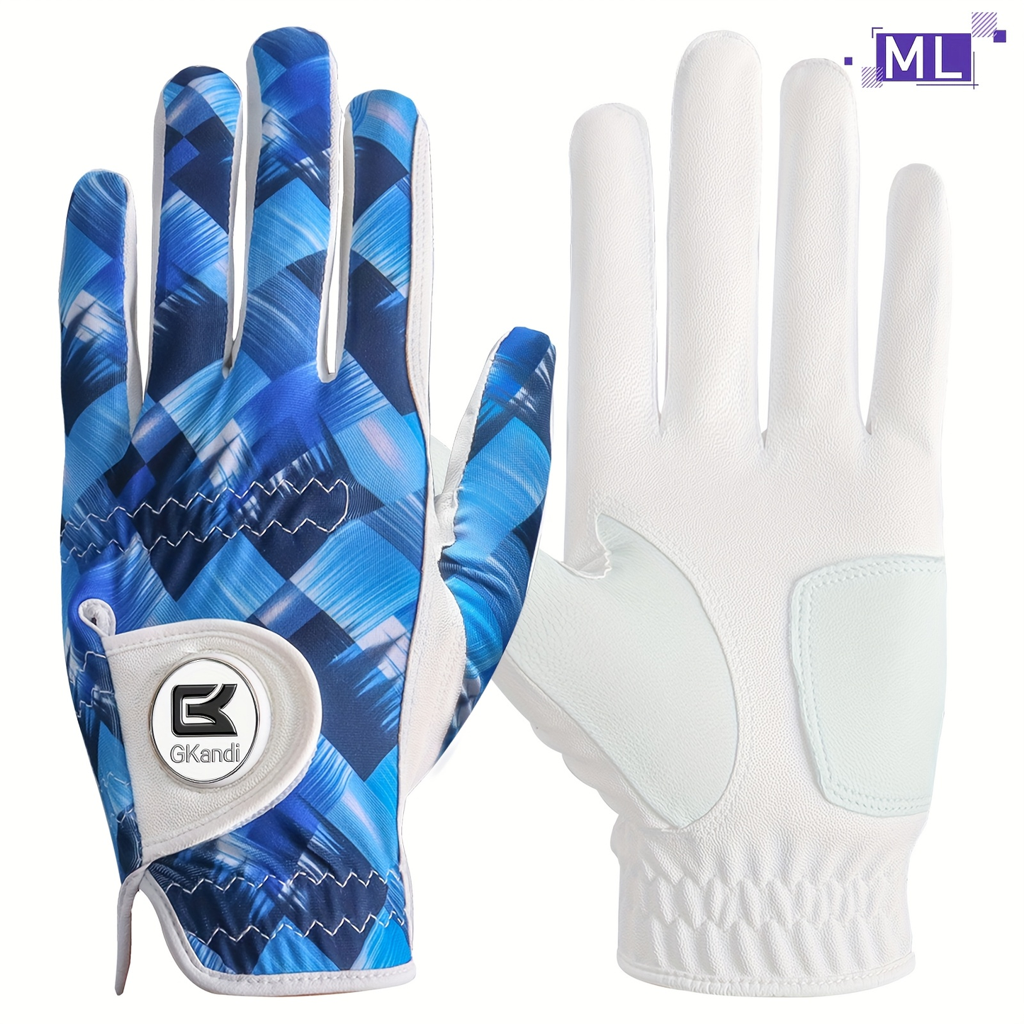 Men's Golf Glove Left Hand with Ball Marker – Breathable All Weather Grip, Hook & Loop Closure, Sizes S M ML L XL, USA Flag, Blue & White