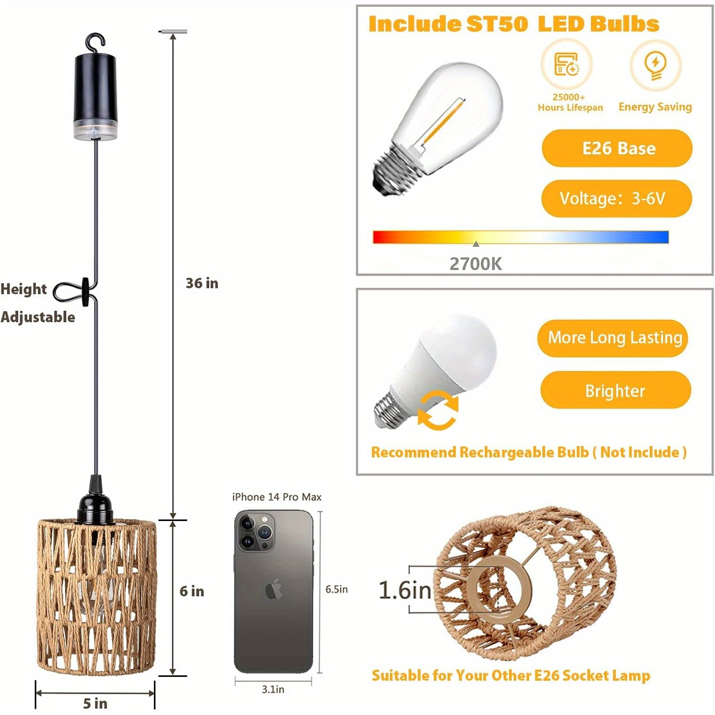 Battery Operated Pendant Light Rattan Boho Chandelier Hanging Light Warm White Bulb Wireless No-Wiring for Gazebo Pergola Porch Patio