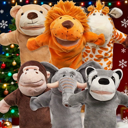 Six-Piece Zoo Animal Hand Puppet Set with Brown, Orange, Spotted and Gray Character Designs