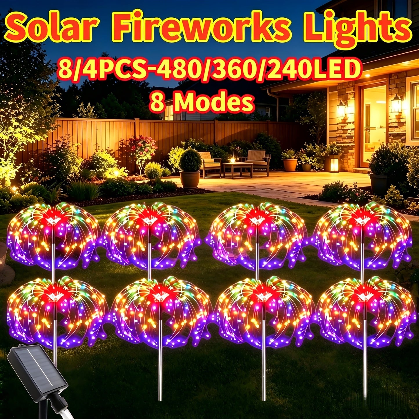 Solar Garden Lights Firework Stakes with 240/360/480 LEDs, 8 Modes, 4/8 Packs and Three Colors
