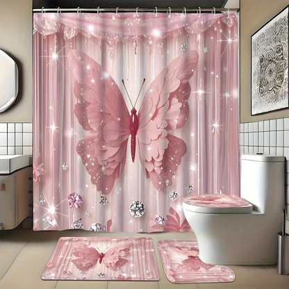 Butterfly-Print Shower Curtain with Four Colors and Single-Curtain or Four-Piece Bathroom Set Options