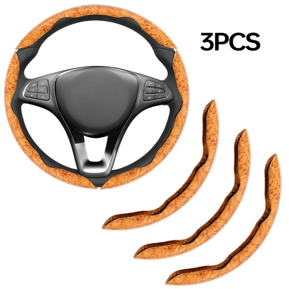 Carbon Fiber Steering Wheel Cover 3pcs – Anti-Skid Segmented Snap-On Protector, High-Grip ABS Resin, Universal Fit, Wood Grain Yellow