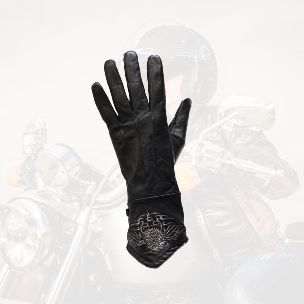 Black Full-Finger Motorcycle Gloves with Long Gauntlet Cuffs, Stitched Eagle Motif and Five Sizes