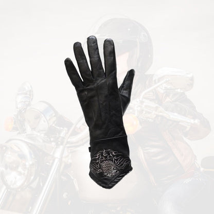 Black Full-Finger Motorcycle Gloves with Long Gauntlet Cuffs, Stitched Eagle Motif and Five Sizes
