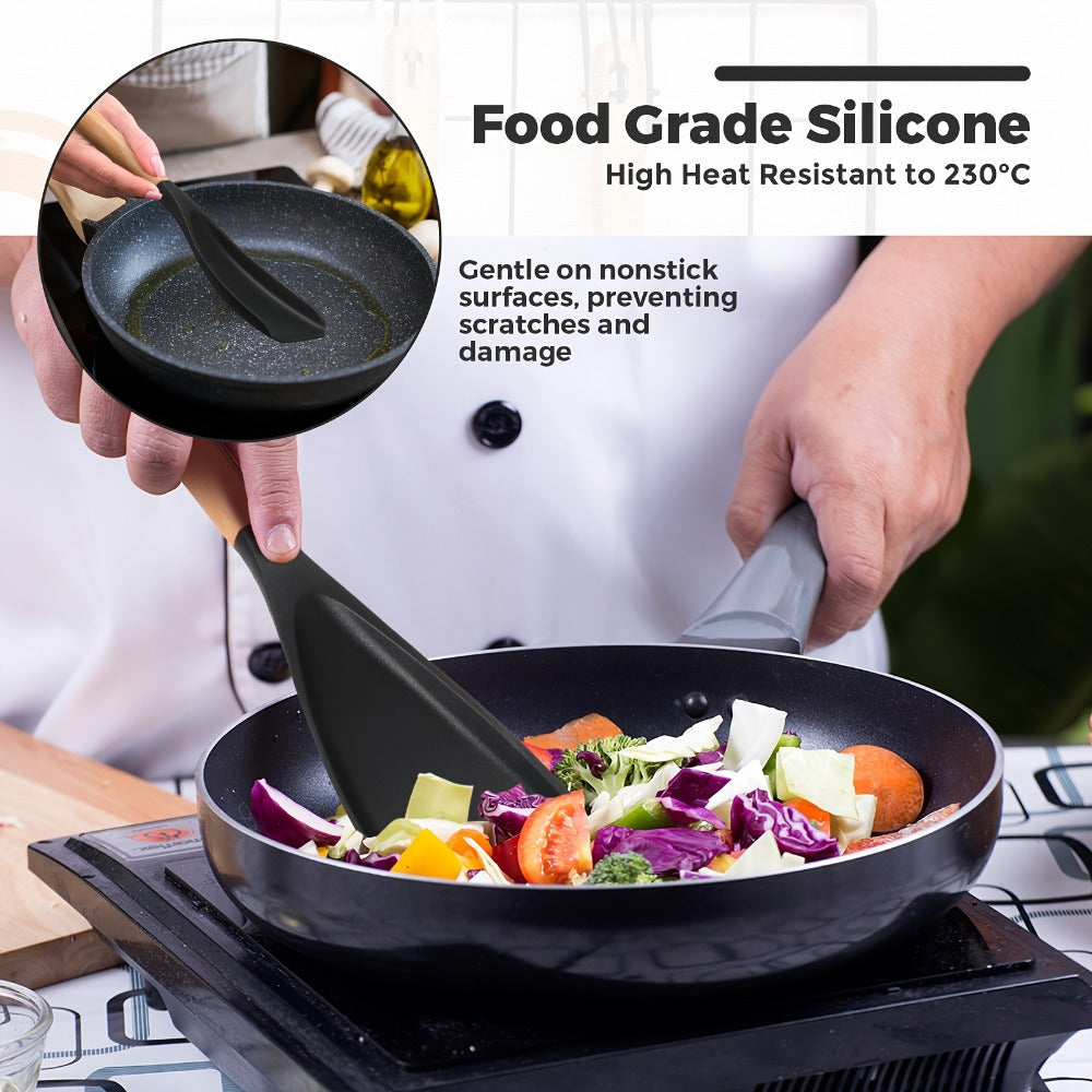 Silicone Kitchen Utensil Set 2/4 Pcs, 12-Inch Wood Handle Cooking Tools with Stay-Cool Grip for Frying