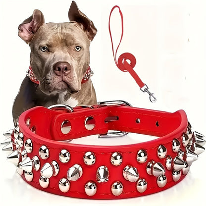 Rivet Dog Collar Bite Resistant with Leash Set, Heavy Duty Metal Buckle Pet Collar for Medium Large Dogs, Adjustable Sizes XS–XXL