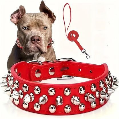 Rivet-Studded Dog Collar and Matching Leash Set with Metal Buckle, Five Colors and XS–XXL Sizing