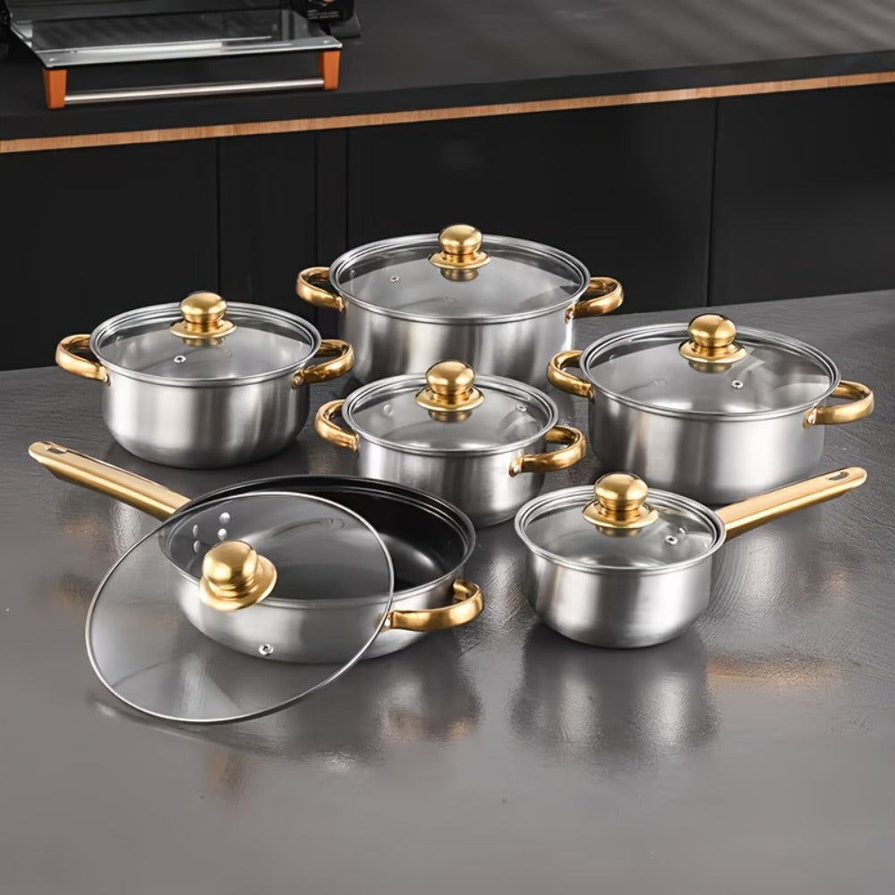 304 Stainless Steel Cookware Set with Golden Handles, 1/10/15pcs Deep Thick Soup Pot & Pan Set for Induction & Gas Stoves