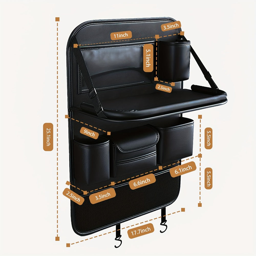 Seatback Car Organizer with Fold-Down Tray, Cup Recesses, Tissue Opening and One- or Two-Piece Packs