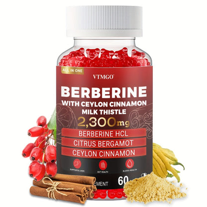 Berberine HCL Gummies 2300mg 60ct with Ceylon Cinnamon, Milk Thistle & Turmeric for Blood Sugar Balance