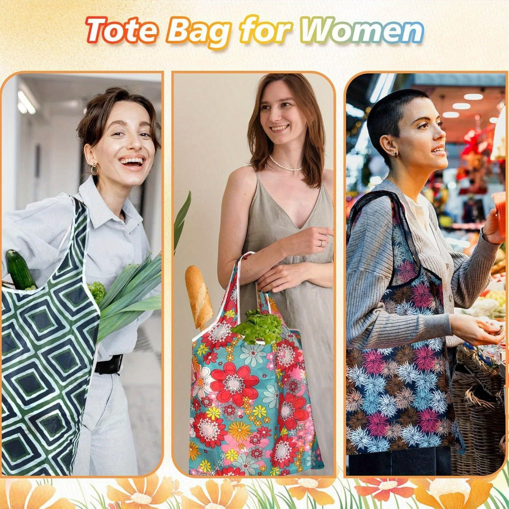 Reusable Grocery Bags Foldable Nylon Tote Bags Waterproof Washable Eco-Friendly Shopping Bag Set with Cute Floral Stripe Polka Dot Leopard