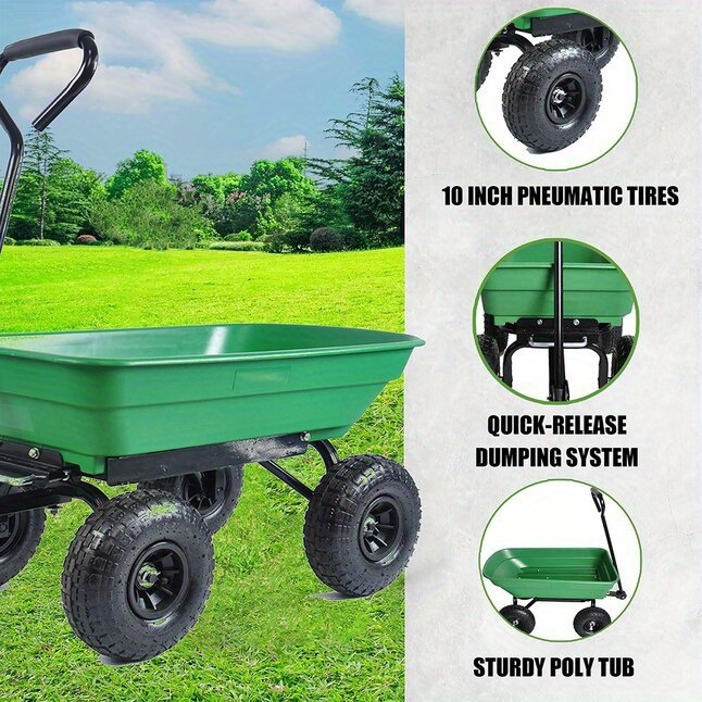 Garden Cart Steel Yard Wagon Dump Cart with 10 Inch Pneumatic Tires Utility Cart for Lawn Farm Gardening Green