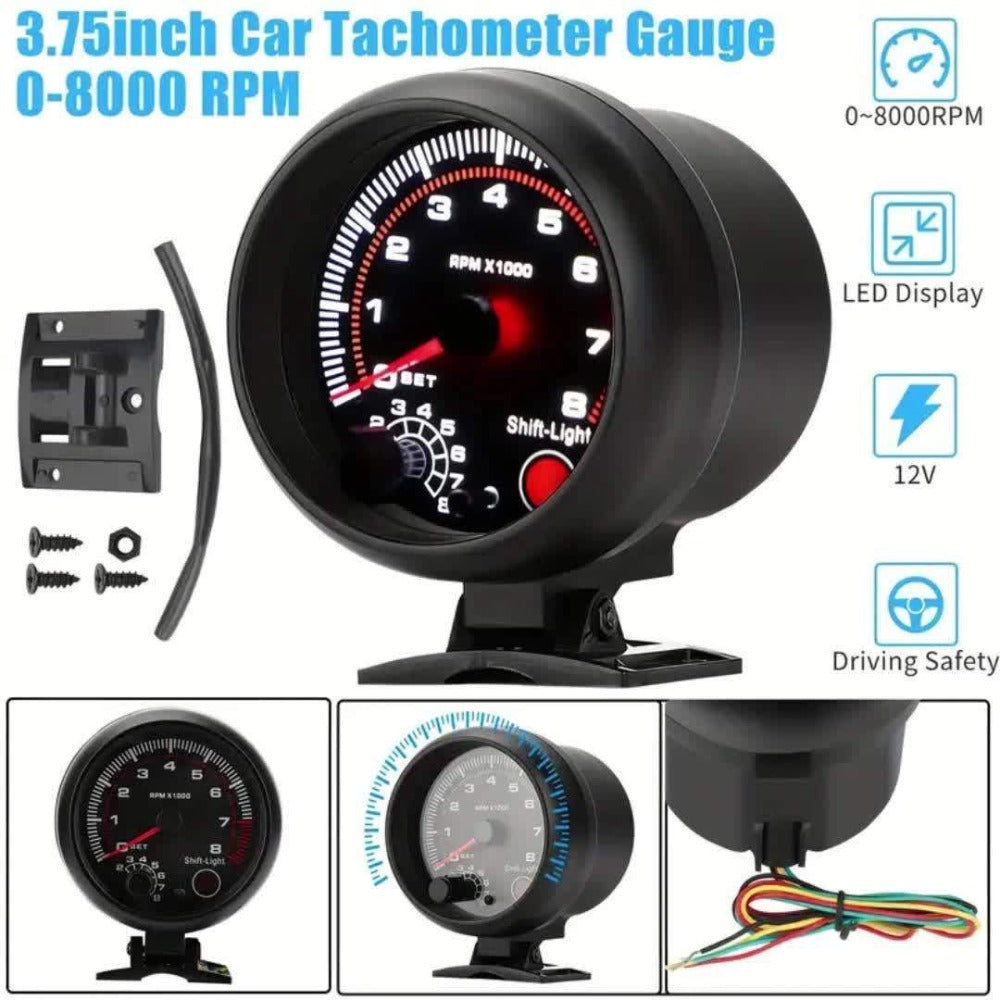 Car Tachometer Gauge 12V 0-8000 RPM 3.75 Inch – LED Shift Light, ABS Black Dial for 4 6 8 Cylinder Petrol Engines