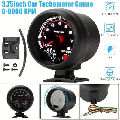Car Tachometer Gauge 12V 0-8000 RPM 3.75 Inch – LED Shift Light, ABS Black Dial for 4 6 8 Cylinder Petrol Engines