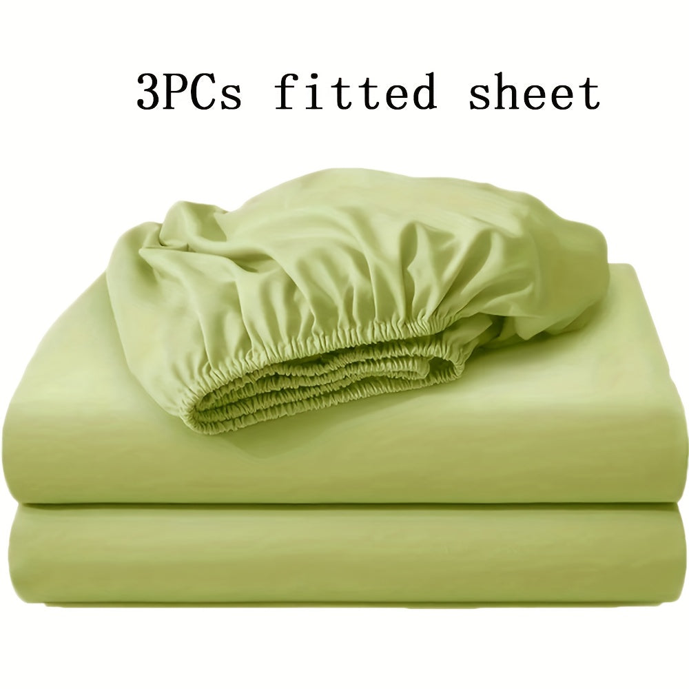 Three-Piece Solid-Color Fitted Sheet Set with Two Pillowcases, Nine Colors and Four Bed Sizes