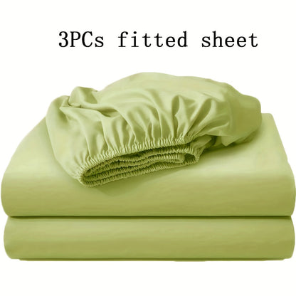 Three-Piece Solid-Color Fitted Sheet Set with Two Pillowcases, Nine Colors and Four Bed Sizes