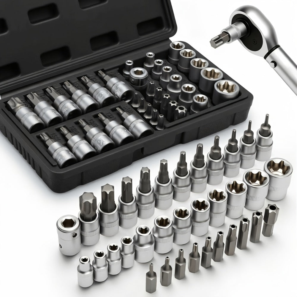 Torx Star Bit Socket Set 34/46-Piece – 3/8" Drive CR-V E-Socket E4-E20, T10-T60, Tamper-Proof TT10-TT55, S2 Steel, 5/16"F to 3/8"M Adapter
