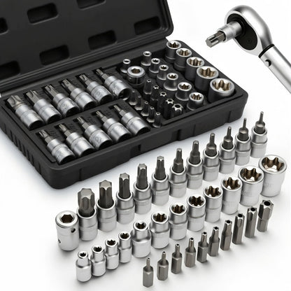 Torx Star Bit Socket Set 34/46-Piece – 3/8" Drive CR-V E-Socket E4-E20, T10-T60, Tamper-Proof TT10-TT55, S2 Steel, 5/16"F to 3/8"M Adapter