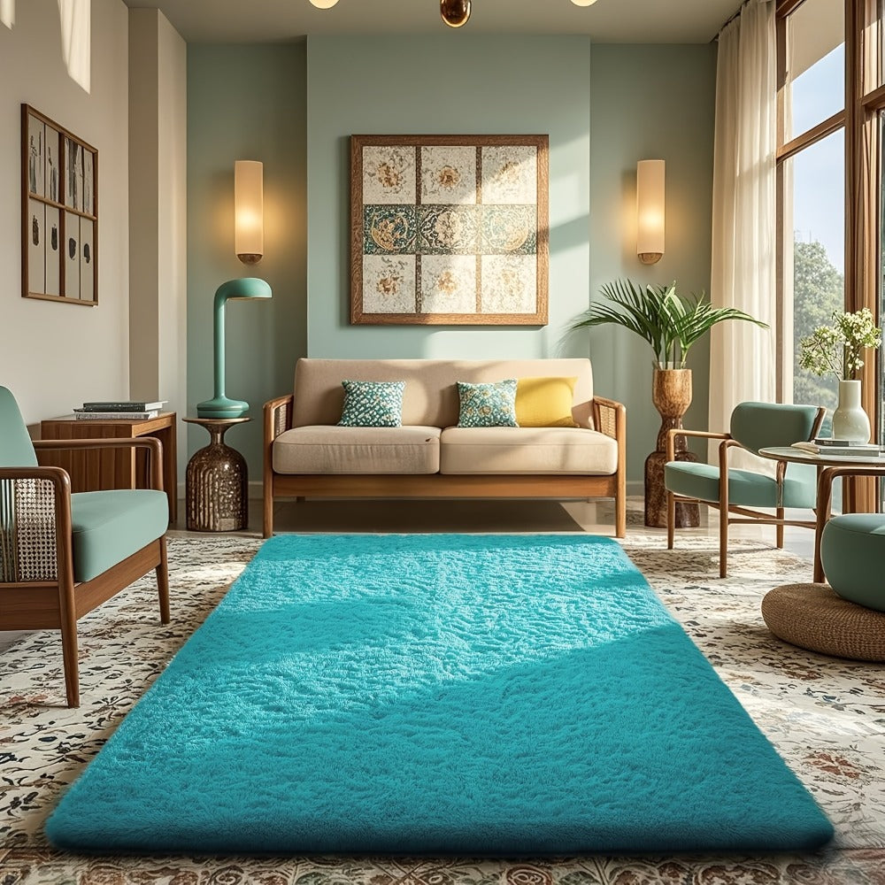 Area Rug Fluffy Faux-Fur Shag in Solid, Tie-Dye and Ombre Colors with Six available Room Sizes