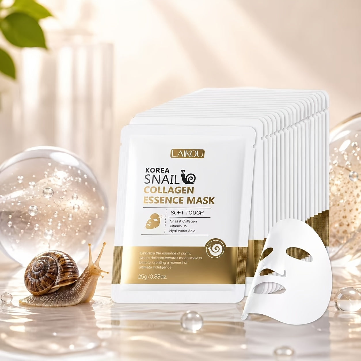 Face Mask, LAIKOU 20-Piece Snail Collagen Sheet Set with Individually Packed Facial Mask Sachets