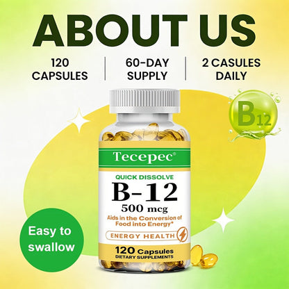 Vitamin B12 500mcg Capsules 120 Count for Women Men for Bath Time, Home Spa and Personal Care