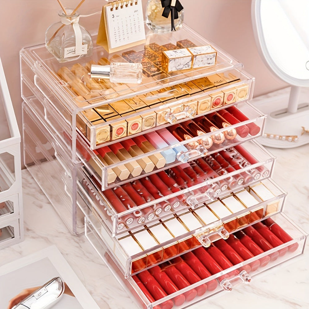 Clear Acrylic Makeup Organizer 5-Tier with Drawers Dustproof Cosmetic Storage for Lipstick Foundation Brushes Skincare