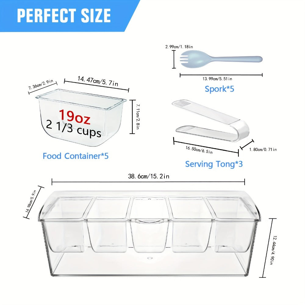 Bar Serving Tray on Ice with 5 Compartments & Lid, Garnish Condiment Platter with 5 Forks & 3 Pliers