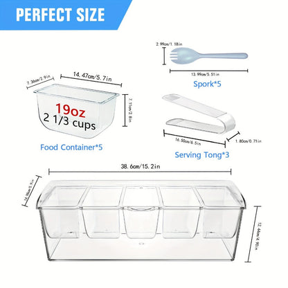 Bar Serving Tray on Ice with 5 Compartments & Lid, Garnish Condiment Platter with 5 Forks & 3 Pliers