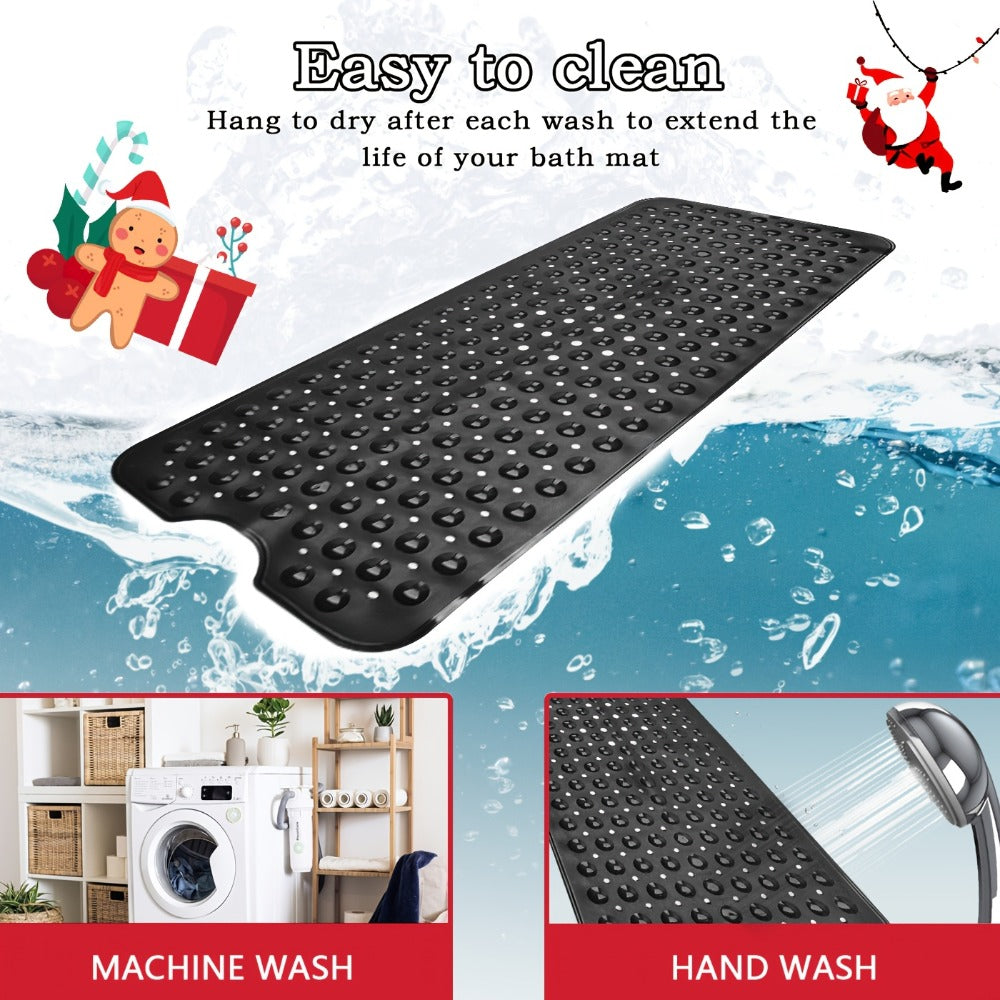 Black Suction-Cup Shower Bath Mat, 100 x 40cm with Drain Holes and Raised Circular Texture