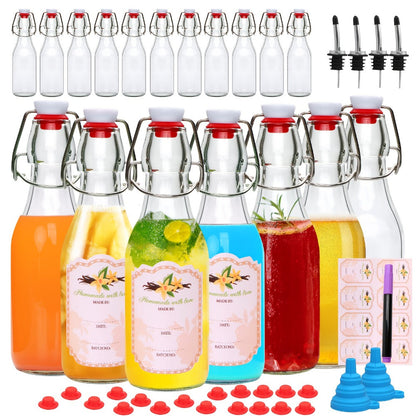 Glass Swing Top Bottles 8.45oz, Round Iron Clasp Airtight Bottle Set with Funnel for Juice, Kombucha