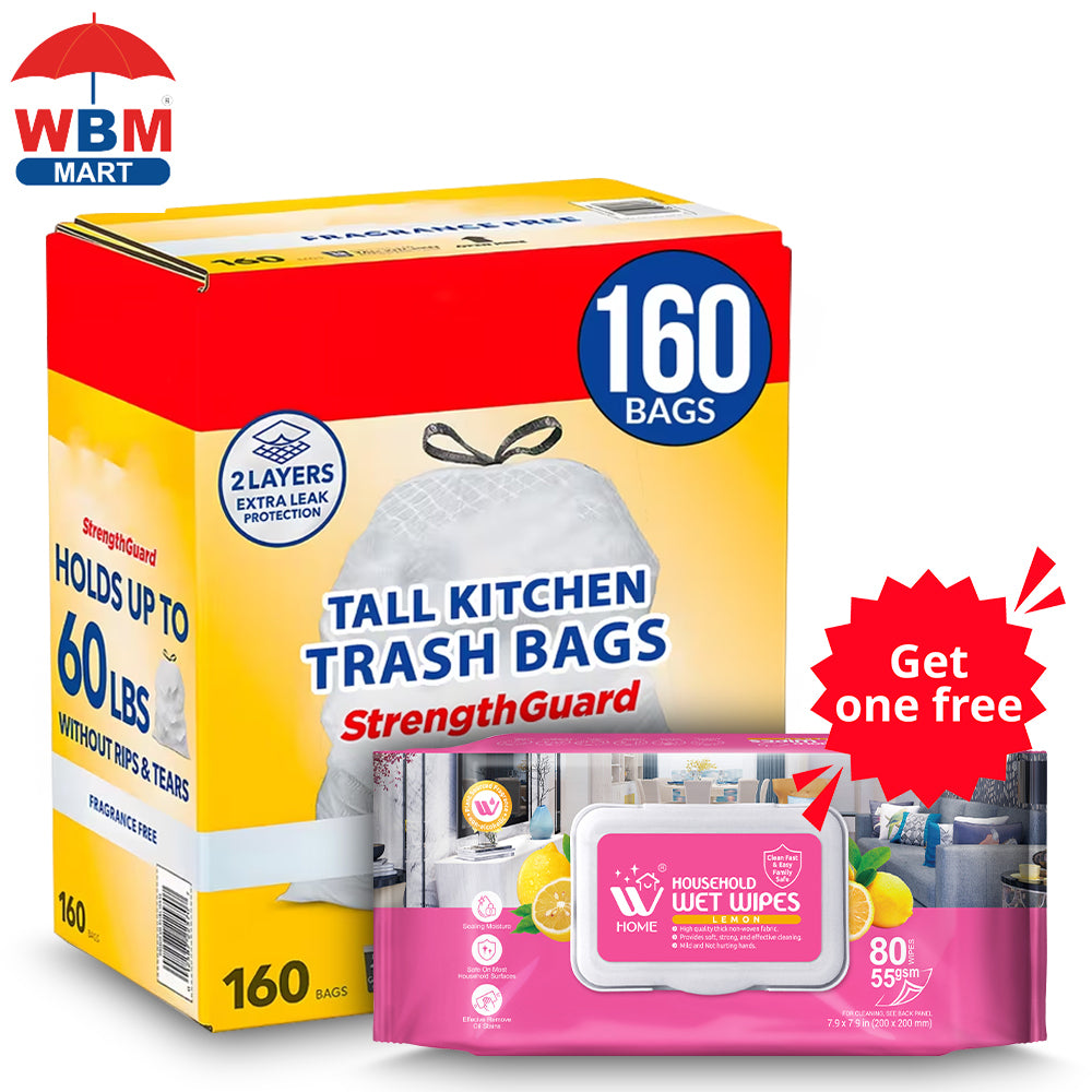 13-Gallon White Drawstring Trash Bags, Fragrance-Free 160-Count Box with Liners for Tall Kitchen Cans