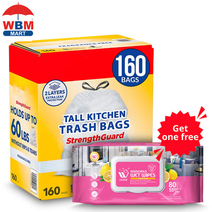13-Gallon White Drawstring Trash Bags, Fragrance-Free 160-Count Box with Liners for Tall Kitchen Cans