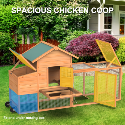 Portable Wooden Chicken Coop with Wheels, Nest Box and Wood Roof or Sunshine Board Run Option