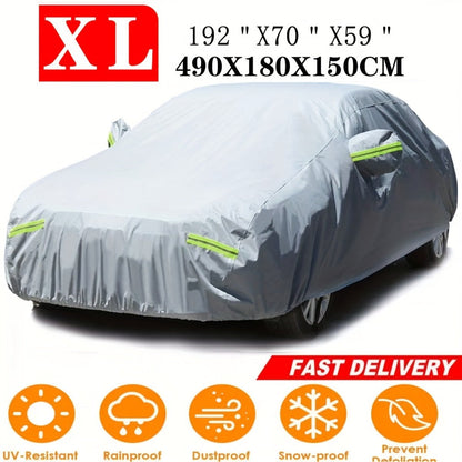 Silver 190T Full Car Cover with Reflective Tabs, Elastic Hem and XL or XXL Size Options for Sedans