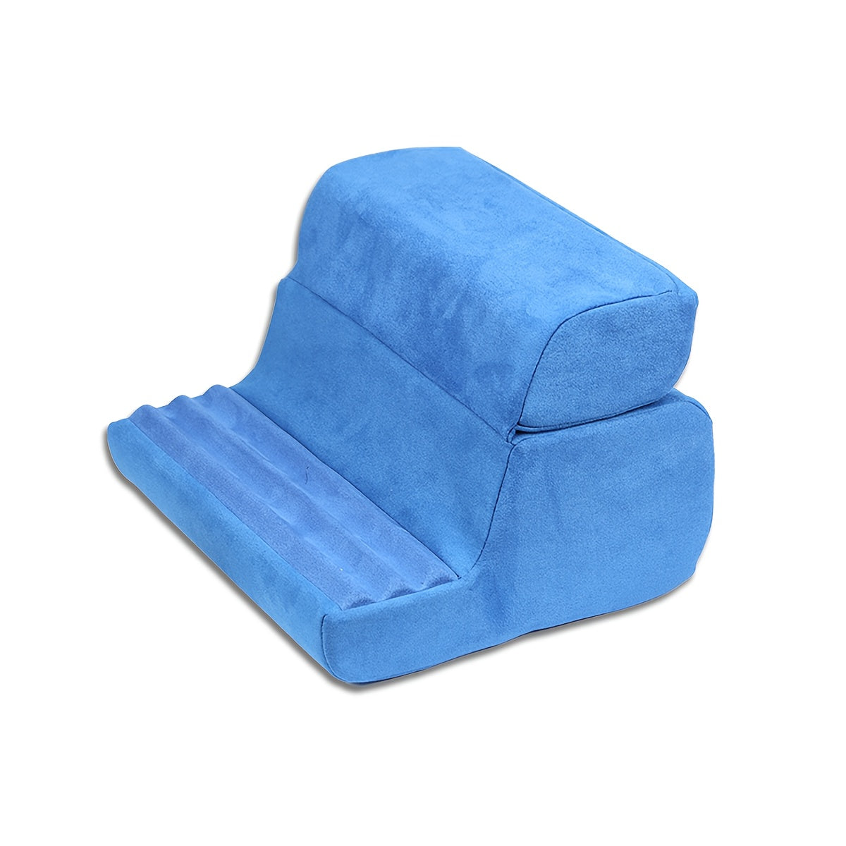 Soft Foldable Tablet Pillow Stand in Black or Blue with Three Viewing Faces, Storage Pockets and 242 × 186 × 290 mm Label