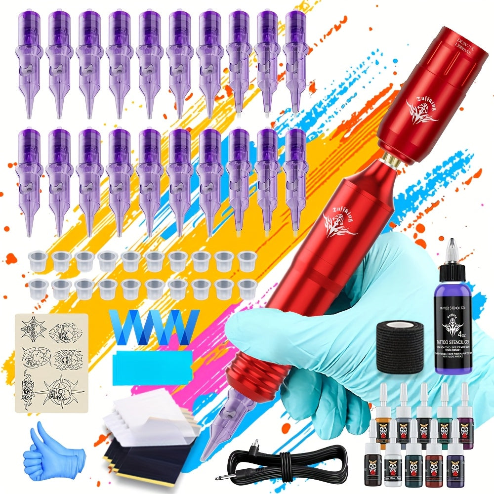 Rotary Tattoo Machine Kit 67pcs, Complete Wireless Tattoo Pen Set with Cartridge Needles, Power Supply