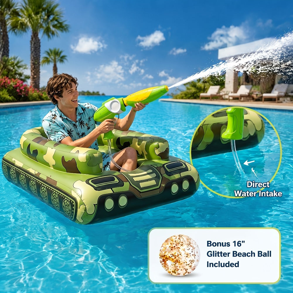 Giant Tugboat Pool Float 60 Inch XL Ride-On Inflatable Raft with Built-In Water Sprayer & 16-Inch Beach Ball