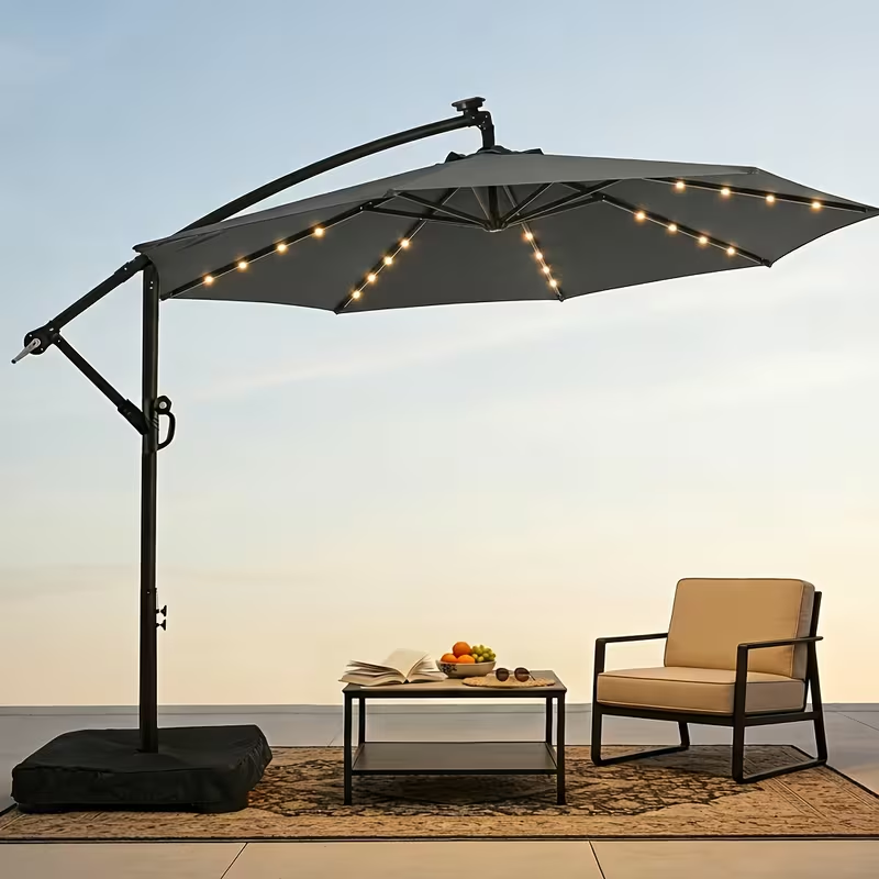 Patio Umbrella 10FT Offset Cantilever Solar LED Style with Tilt, Crank and 16 Base-Choice Color Options