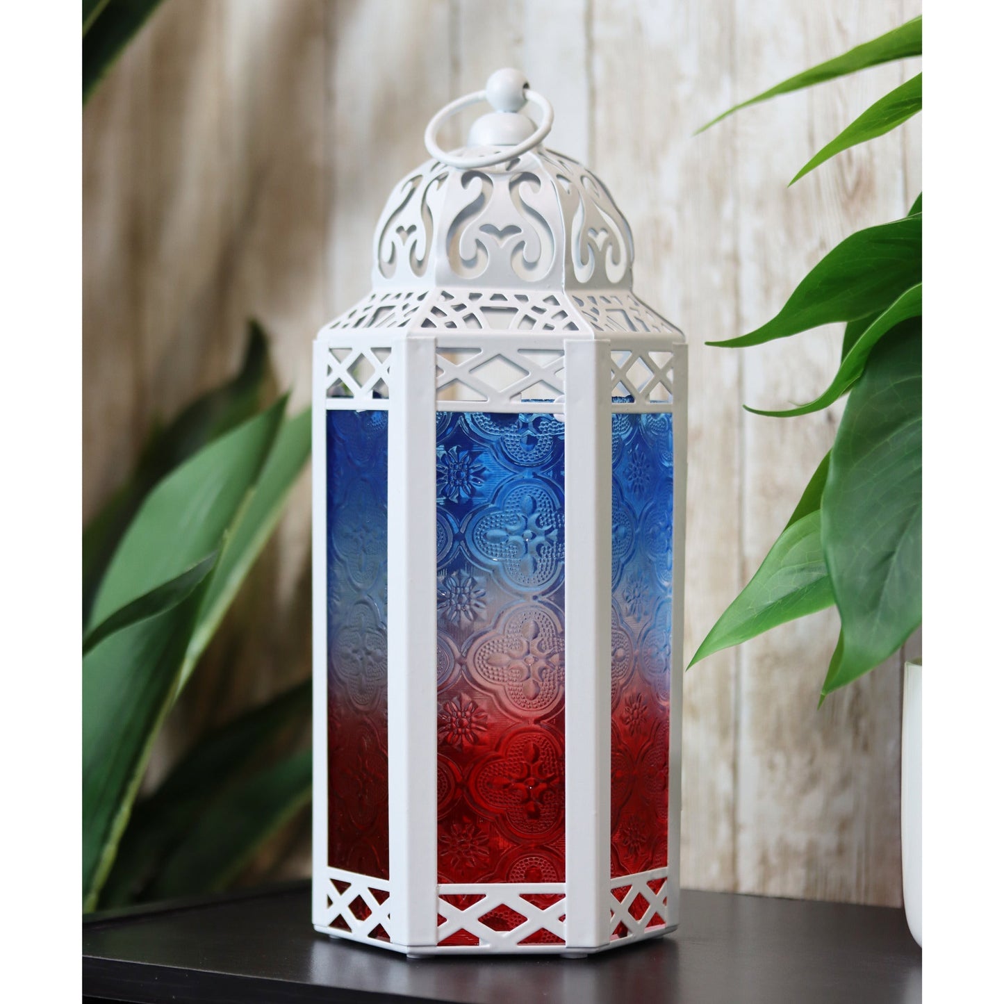 Moroccan Candle Lantern Holder - Decorative Metal & Glass Lantern with Embossed Floral Design for Indoor Home Decor