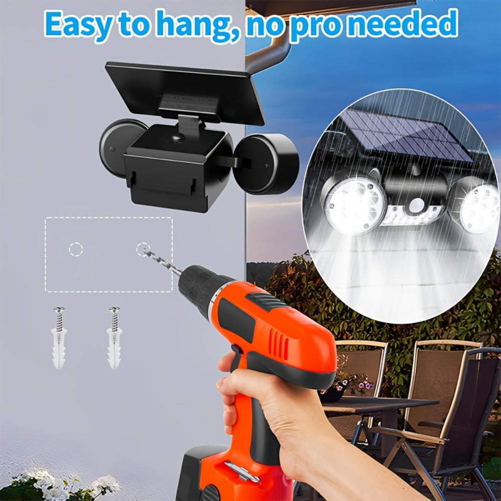 Motion Sensor Solar Security Light 30 LED Dual Head - 360° Adjustable Outdoor Wall Spotlight for Garden Garage Driveway Patio Backyard