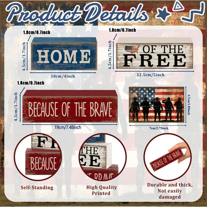 Home of the Free Patriotic Wooden Block Sign with Four-Tier Red, White and Blue Tabletop Design