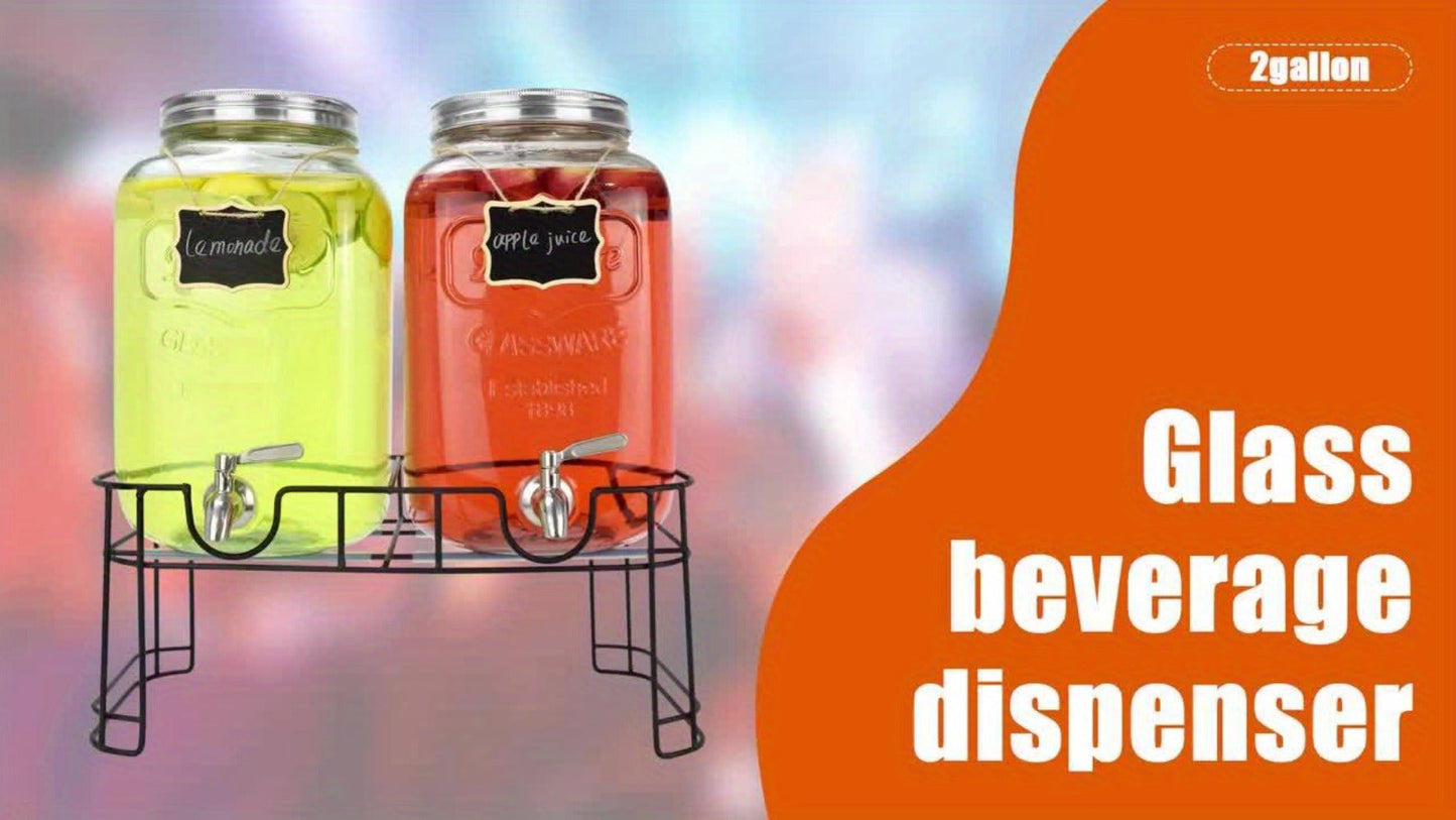 Glass Beverage Dispenser Set with Stand, 1-Gallon Square Glass Drink Dispenser with Stainless Steel Spigot & Ice Tube