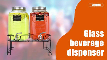 Glass Beverage Dispenser Set with Stand, 1-Gallon Square Glass Drink Dispenser with Stainless Steel Spigot & Ice Tube