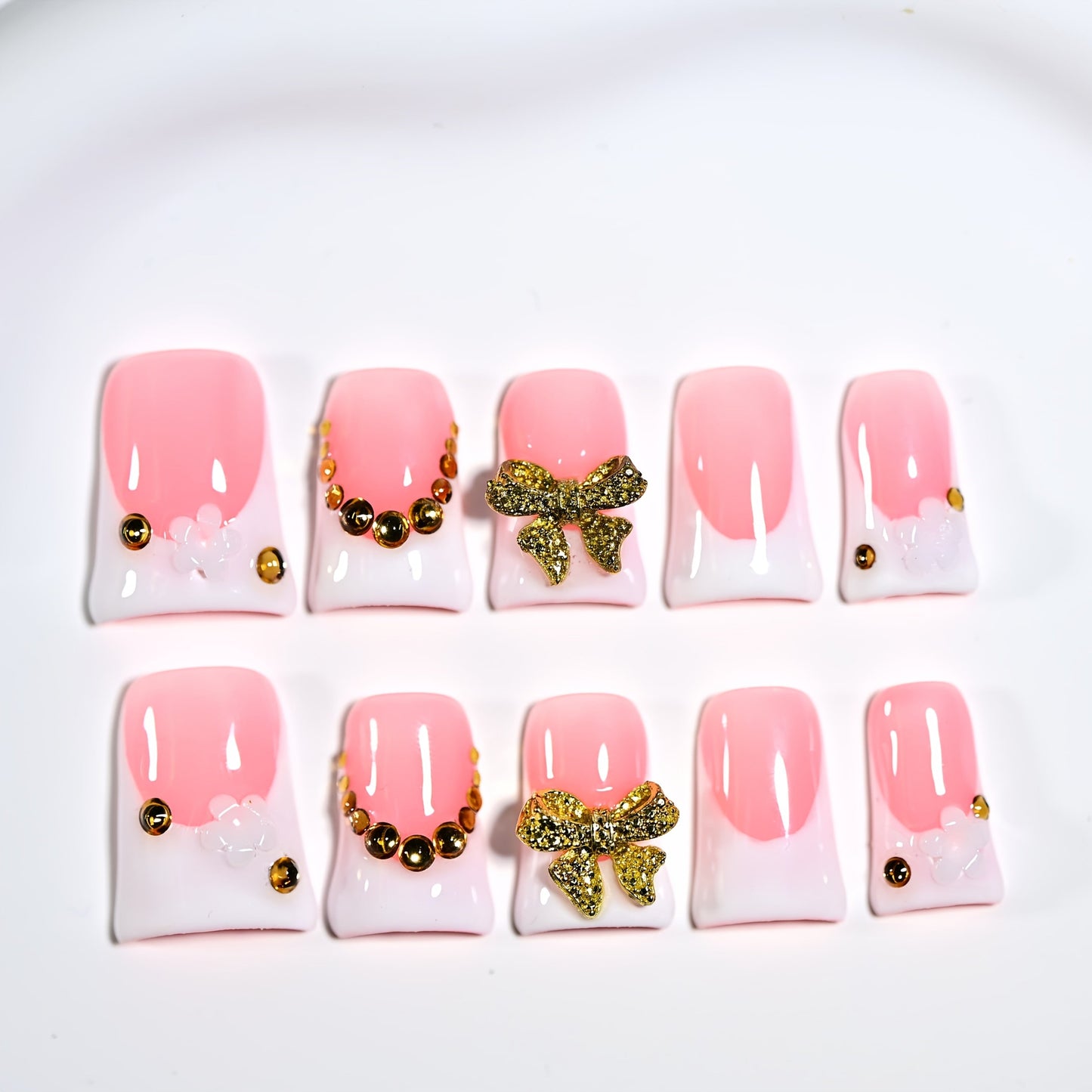 Press On Nails 10-Piece Short Duckbill Acrylic Set with Skull, Cherry, Bow, Rhinestone and Zebra Details