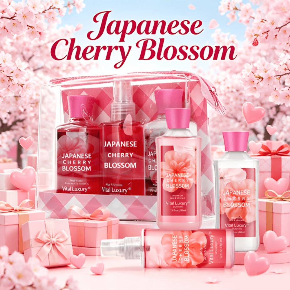 Bath Body Care Gift Set Shower Gel Body Lotion Body Mist Aloe Vera Vitamin E Glycerin Deep Moisturizing Fragrance Set for Women Cherry